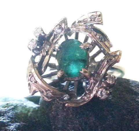 French 1920's Emerald + Diamond Ring