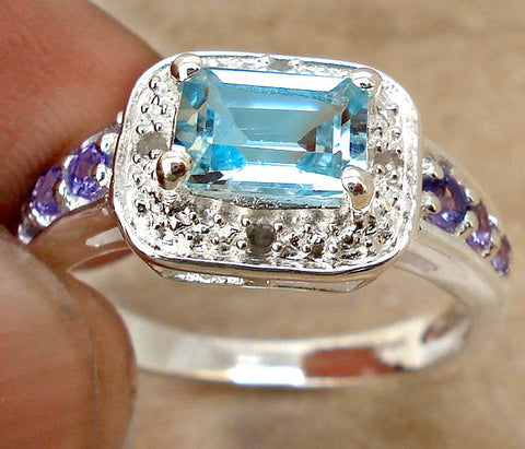 Blue Topaz, Tanzanite and Diamond Ring