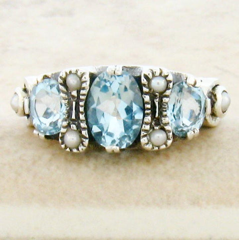 Blue Topaz + Pearl Ring - Size 9