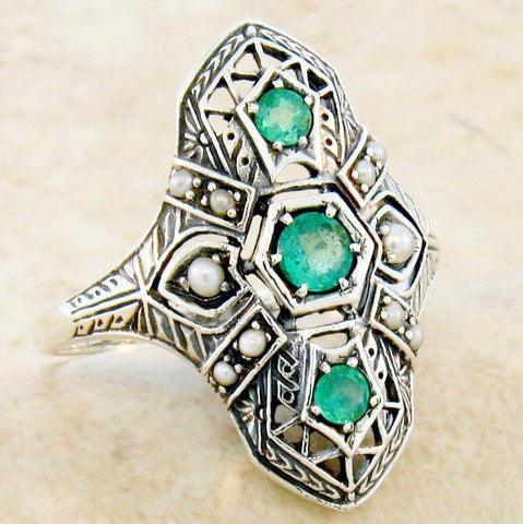Emerald + Pearl Filigree Ring
