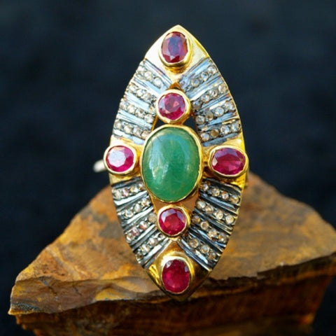 Emerald, Ruby and Diamond Ring. Size 7