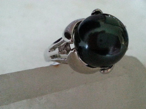 Huge Black Shell Pearl + White Topaz Ring - Size 8
