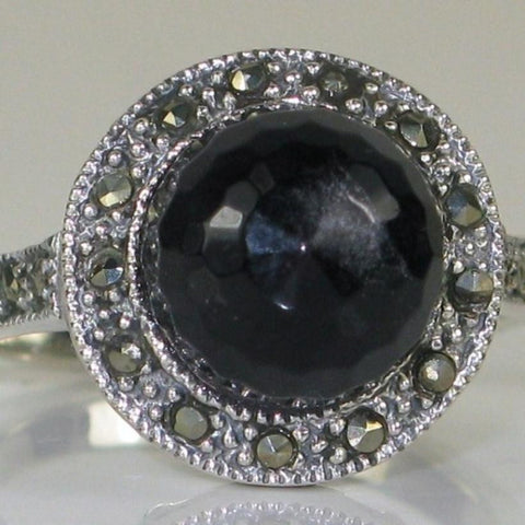 Onyx Briolette and Marcasite Ring