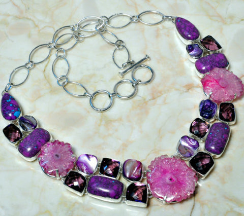Pink Solar Quartz, Amethyst, Turquoise Necklace