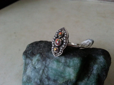Red Fire Opal and Seed Pearl Ring - Size 7