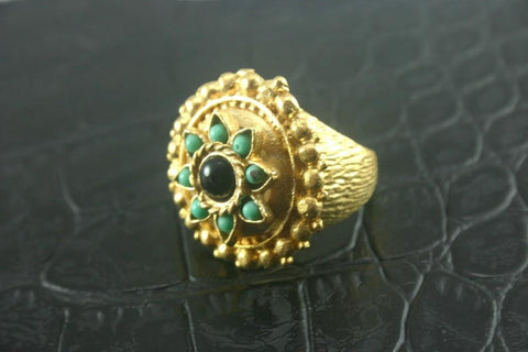 Turquoise + Onyx Gold Wash Ring - Size 8
