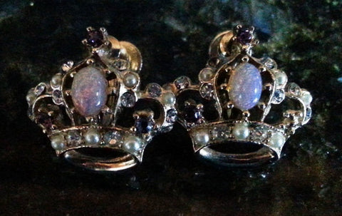 Unique Rhinestone Crown Screwback Earrings