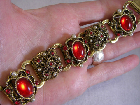 Vintage Red Rhinestone Bracelet - 7