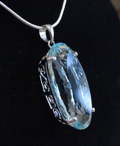 Large Light blue topaz Pendant on Sterling Chain
