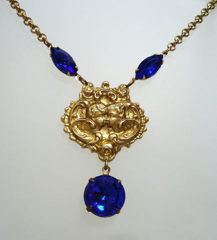 Vintage Angel + Blue Glass Necklace