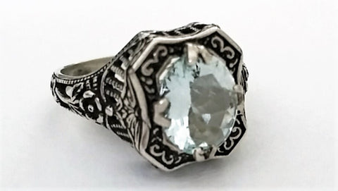 Aquamarine in Silver Filigree - Victorian Ring